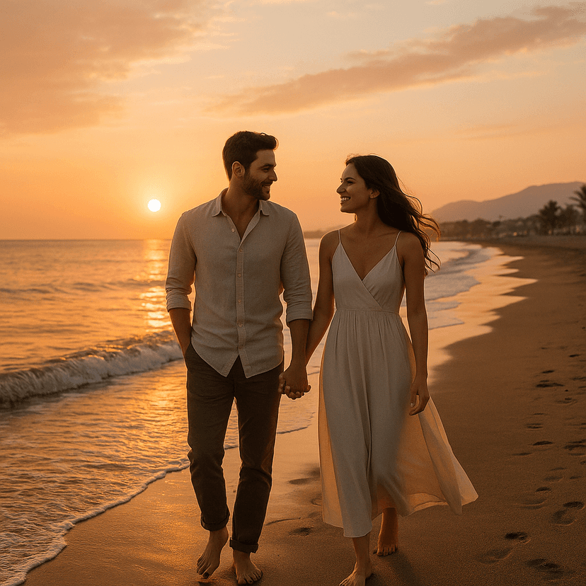 couple walking costa del sol sunset relocation spain